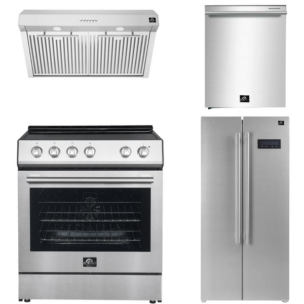 Forno Espresso Package - 30" Electric Range, Range Hood, Refrigerator and Dishwasher in Stainless Steel with Silver Handles, AP-FFSEL6012-30-S-A9-D