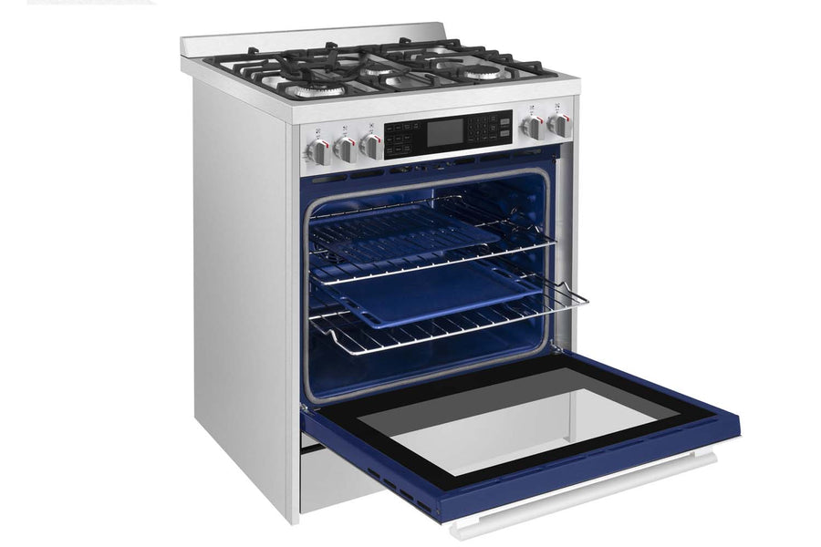 Robam G517K 30” Chef’s Favorite Convection Freestanding Gas Range, 5 Sealed Aluminum Burners w/Cast Iron rates (Wok Grate Included), 5 Cu. Ft. Oven with Blue Interior, 6 Cooking Modes G517K