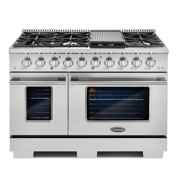 Cosmo Commercial-Style 48 in. 5.5 cu. ft. Double Oven Gas Range in Stainless Steel with 8 Italian Burners and Cast Iron Grates