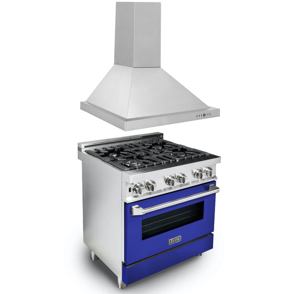 ZLINE 2-Appliance 30" Kitchen Package with Stainless Steel Dual Fuel Range with Matte Blue Door and Convertible Vent Range Hood