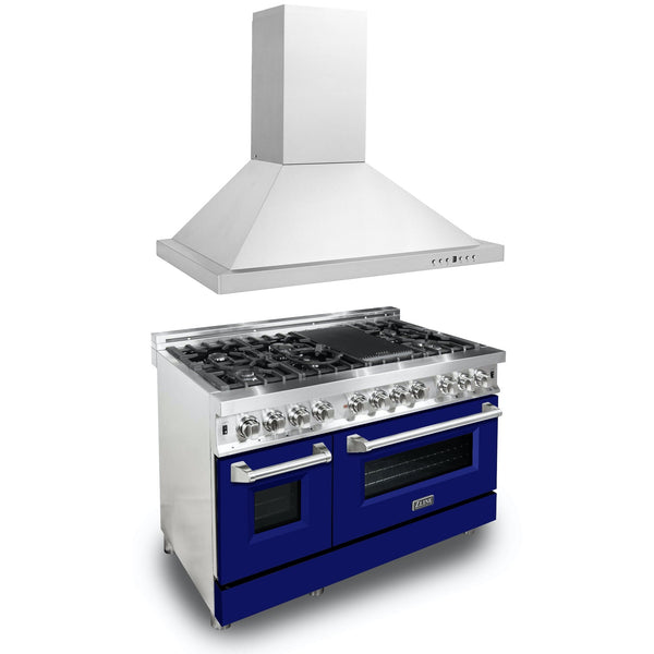 ZLINE 2-Appliance 48" Kitchen Package with Stainless Steel Dual Fuel Range with Matte Blue Door and Convertible Vent Range Hood