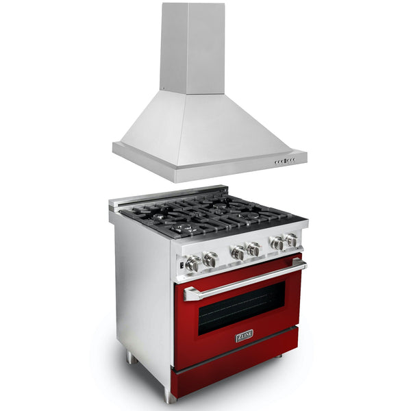 ZLINE 2-Appliance 30" Kitchen Package with Stainless Steel Dual Fuel Range with Glossy Red Door and Convertible Vent Range Hood