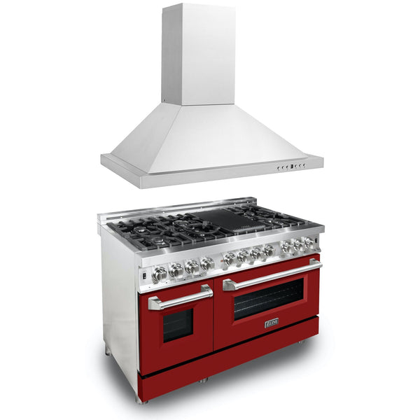 ZLINE 2-Appliance 48" Kitchen Package with DuraSnow Stainless Steel Dual Fuel Range with Matte Red Door and Convertible Vent Range Hood