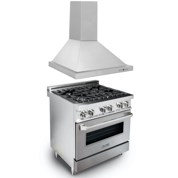 ZLINE 2-Appliance 30" Kitchen Package with Stainless Steel Dual Fuel Range with DuraSnow Door and Convertible Vent Range Hood