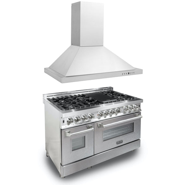 ZLINE 2-Appliance 48" Kitchen Package with Stainless Steel Dual Fuel Range with DuraSnow Door and Convertible Vent Range Hood
