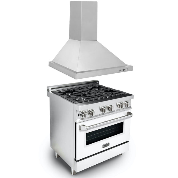 ZLINE 2-Appliance 30" Kitchen Package with Stainless Steel Dual Fuel Range with Matte White Door and Convertible Vent Range Hood