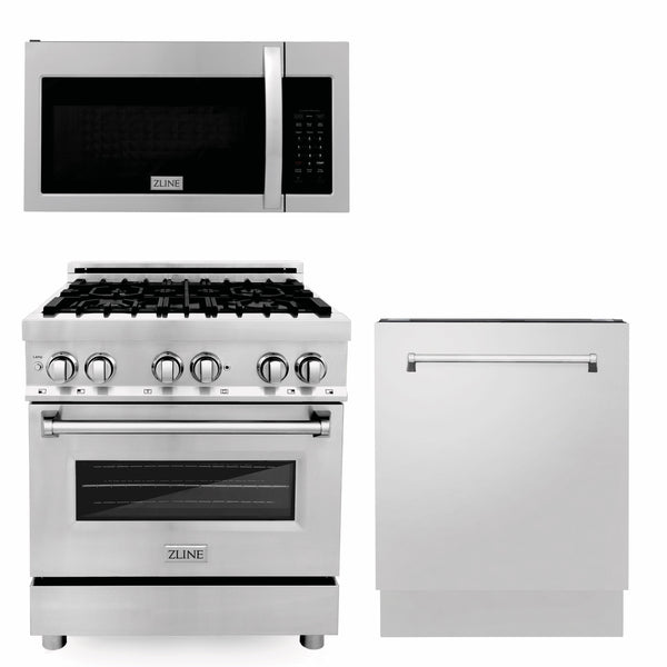 ZLINE 3-Appliance 30" Kitchen Package with Stainless Steel Dual Fuel Range, Modern Over The Range Microwave, and Tall Tub Dishwasher