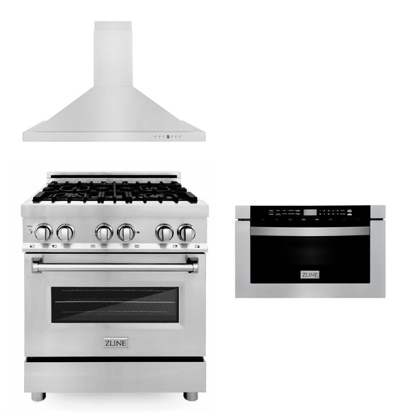 ZLINE 3-Appliance 30" Kitchen Package with Stainless Steel Dual Fuel Range, Convertible Vent Range Hood, and Microwave Drawer
