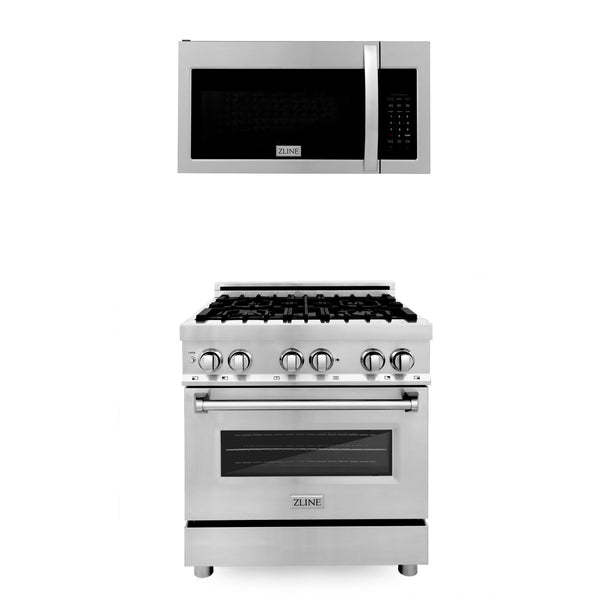 ZLINE 2-Appliance 30" Kitchen Package with Stainless Steel Dual Fuel Range and Over-The-Range Microwave with Modern Handle