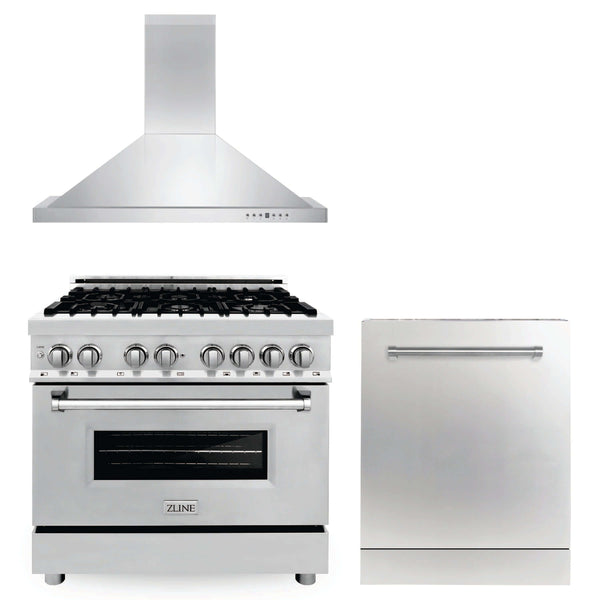 ZLINE 3-Appliance 36" Kitchen Package with Stainless Steel Dual Fuel Range, Convertible Vent Range Hood, and Dishwasher