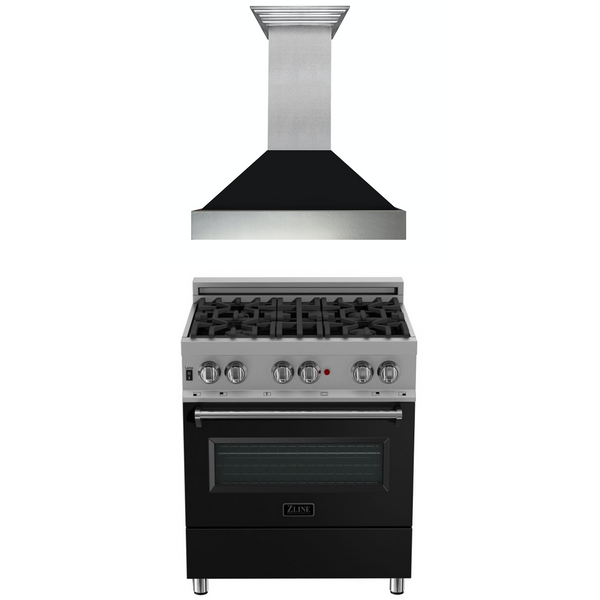 ZLINE 2-Appliance 30" Kitchen Package with DuraSnow Stainless Steel Dual Fuel Range with Matte Black Door and Convertible Vent Range Hood