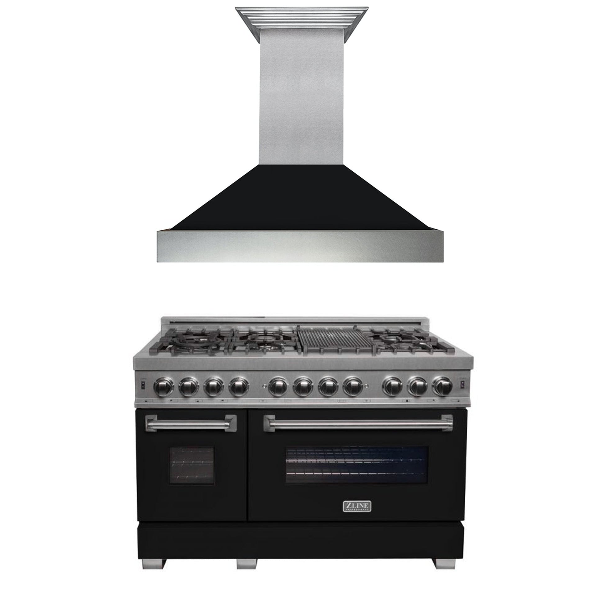 ZLINE 2-Appliance 48" Kitchen Package with DuraSnow Stainless Steel Dual Fuel Range with Matte Black Door and Convertible Vent Range Hood