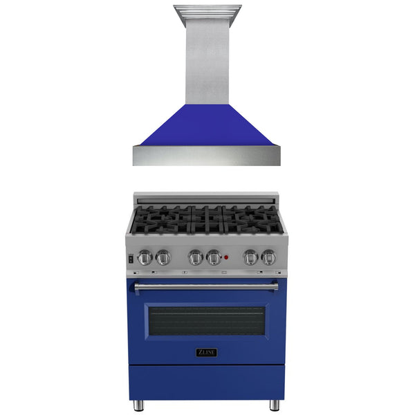 ZLINE 2-Appliance 30" Kitchen Package with DuraSnow Stainless Steel Dual Fuel Range with Matte Blue Door and Convertible Vent Range Hood