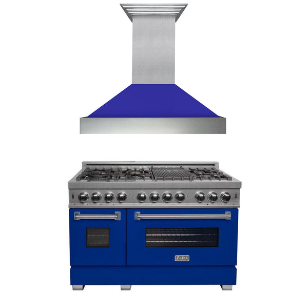 ZLINE 2-Appliance 48" Kitchen Package with DuraSnow Stainless Steel Dual Fuel Range with Matte Blue Door and Convertible Vent Range Hood