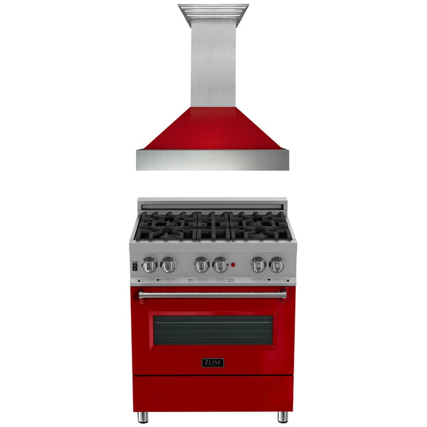 ZLINE 2-Appliance 30" Kitchen Package with DuraSnow Stainless Steel Dual Fuel Range with Glossy Red Door and Convertible Vent Range Hood