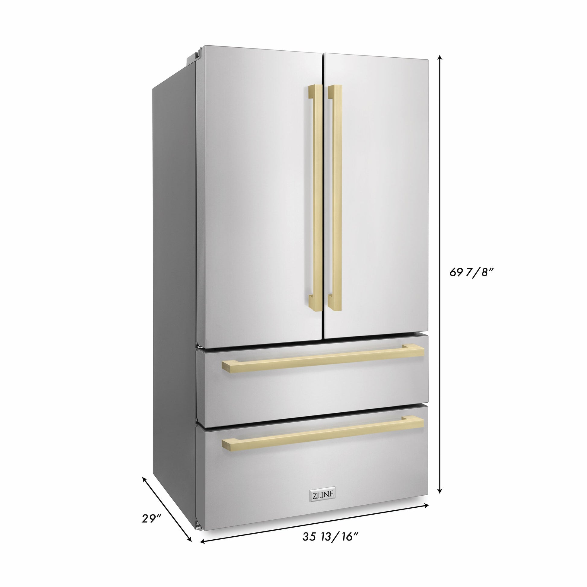 ZLINE 36" Autograph Edition 4-Door French Door Refrigerator with Ice Maker - Stainless Steel with Champagne Bronze Square Handles