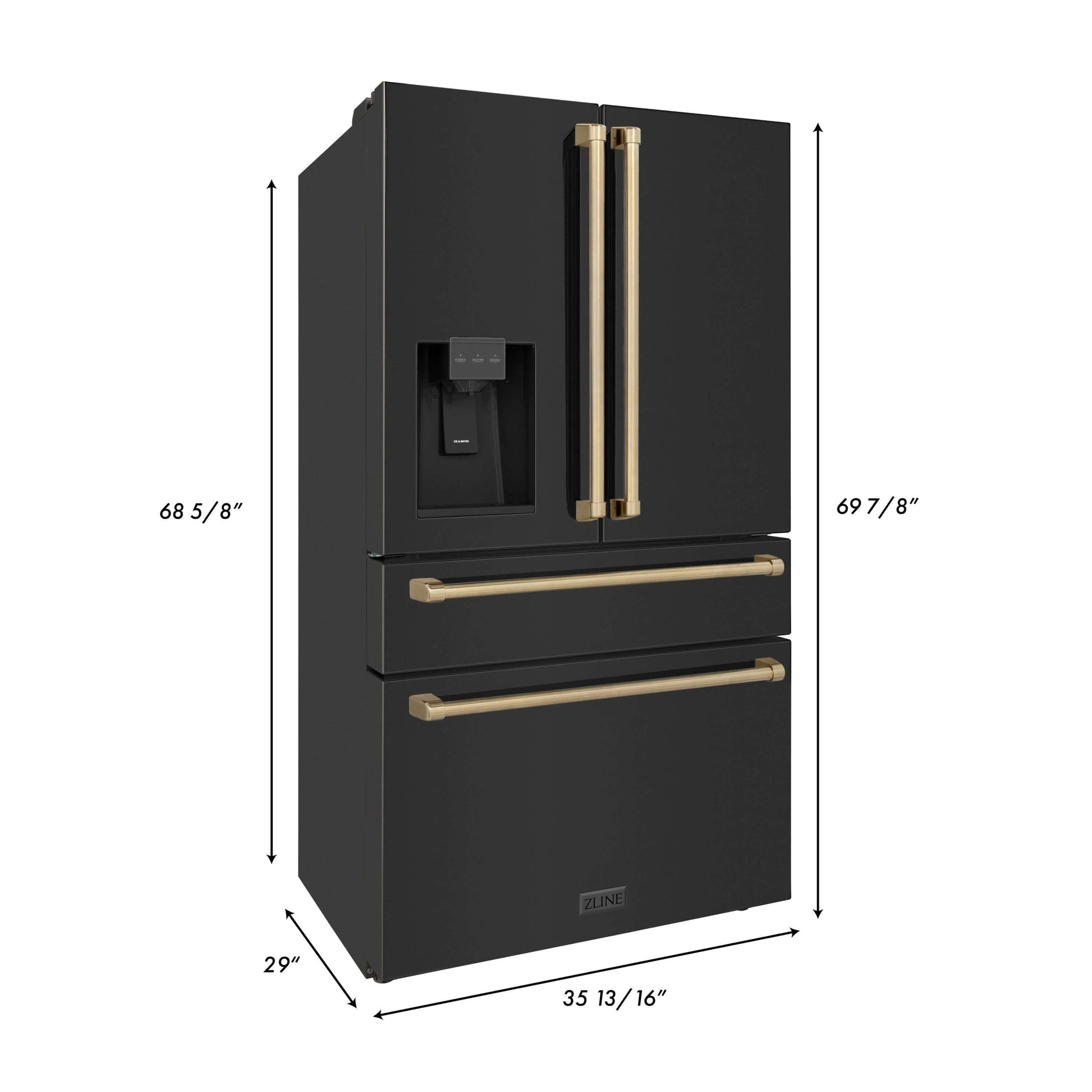 ZLINE 36" Autograph Edition Freestanding French Door Refrigerator - Water and Ice Dispenser in Fingerprint Resistant Black Stainless Steel with Accents