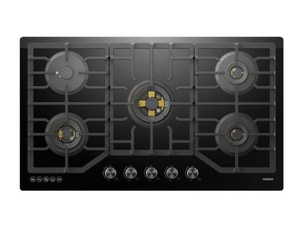 ROBAM Black Gold Series 36 in. 5-Burner 37,200 BTU Gas Cooktop with Brass Burners, Power Burner at 17,000 BTU, Waterproof from Water & Residues, Continuous Grates, Safety Flame Shutoff ZG9500B