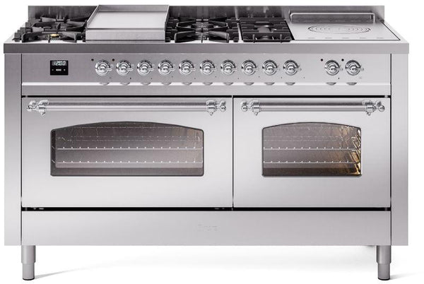 ILVE Nostalgie II 60" Dual Fuel Propane Gas Range in Stainless Steel with Chrome Trim, UP60FSNMPSSCLP