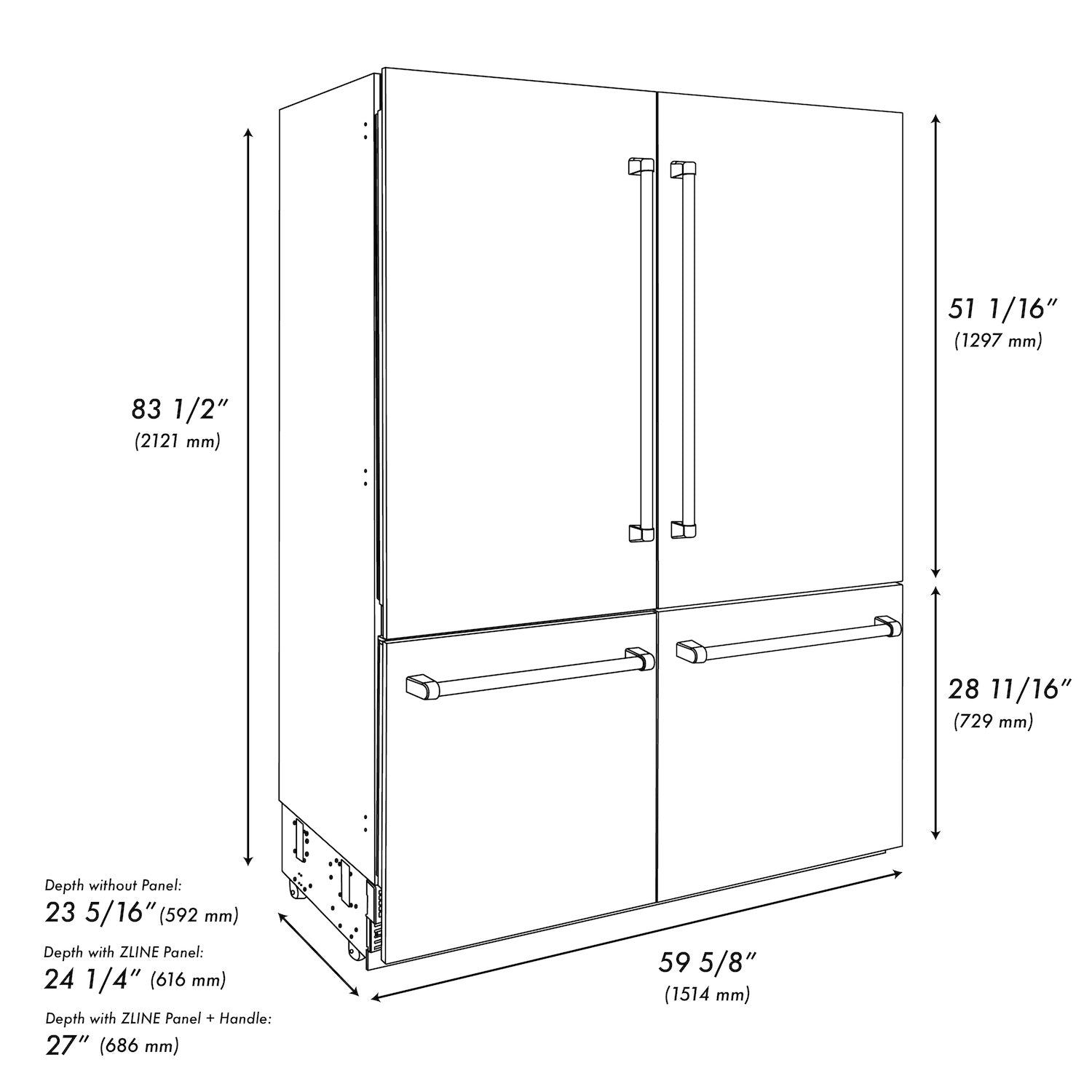 ZLINE 60" Autograph Edition Built-in 4-Door French Door Refrigerator - Fingerprint Resistant Stainless Steel with Accents, Internal Water and Ice Dispenser