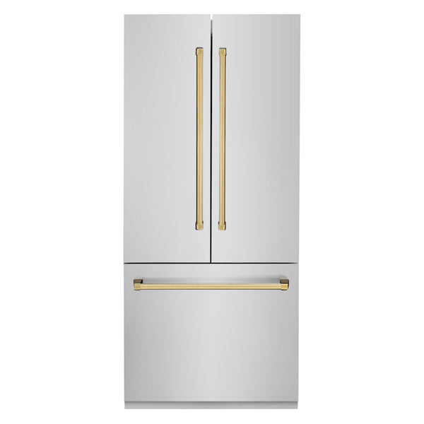 ZLINE 36" Autograph Edition Built-in 2-Door Bottom Freezer Refrigerator - Stainless Steel with Polished Gold Accents, Internal Water and Ice Dispenser