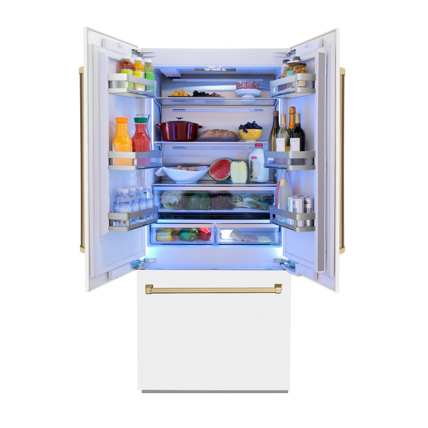 ZLINE 36" Built-In 2-Door Bottom Freezer Refrigerator with Internal Water and Ice Dispenser - Matte White with Accents