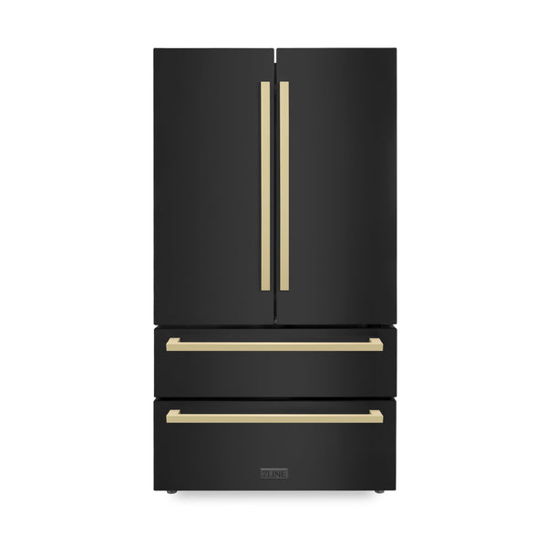 ZLINE 36" Autograph Edition 4-Door French Door Refrigerator with Ice Maker - Black Stainless Steel with Champagne Bronze Square Handles