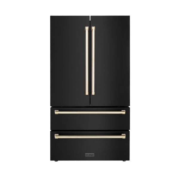ZLINE 36" Autograph Edition Freestanding French Door Refrigerator with Ice Maker - Black Stainless Steel with Accents