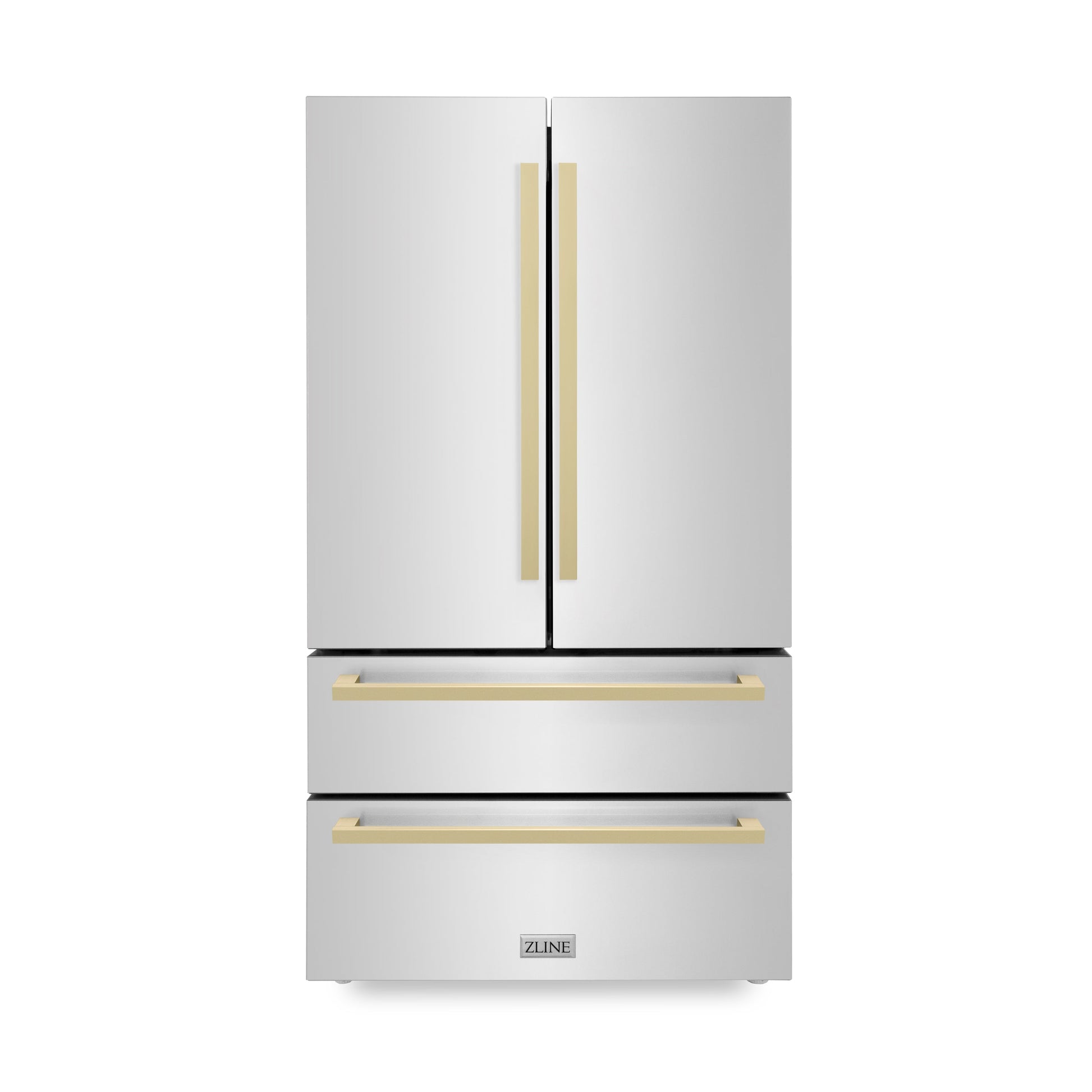 ZLINE 36" Autograph Edition 4-Door French Door Refrigerator with Ice Maker - Stainless Steel with Champagne Bronze Square Handles