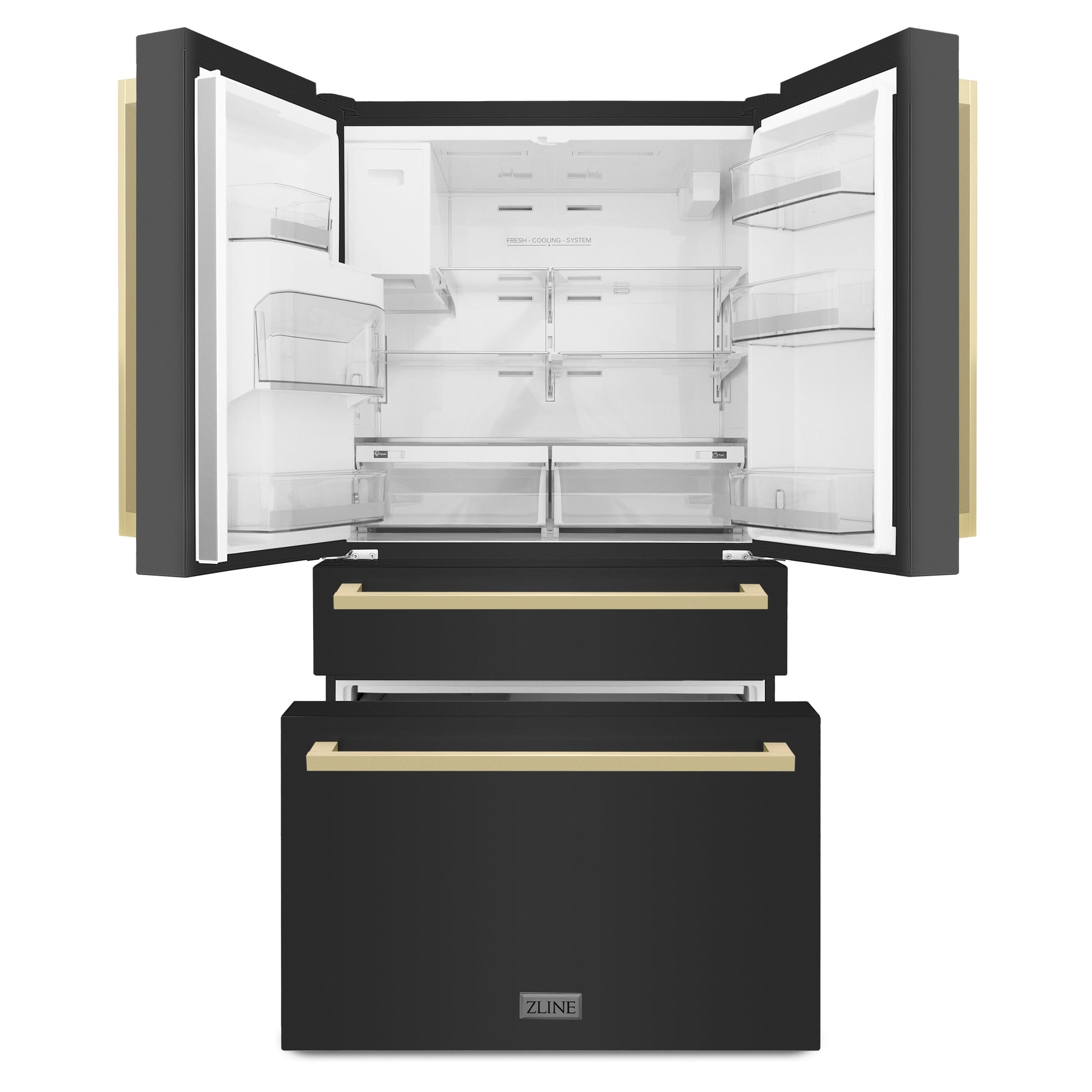 ZLINE 36" Autograph Edition 4-Door French Door Refrigerator with Water and Ice Dispenser - Black Stainless Steel with Champagne Bronze Square Handles