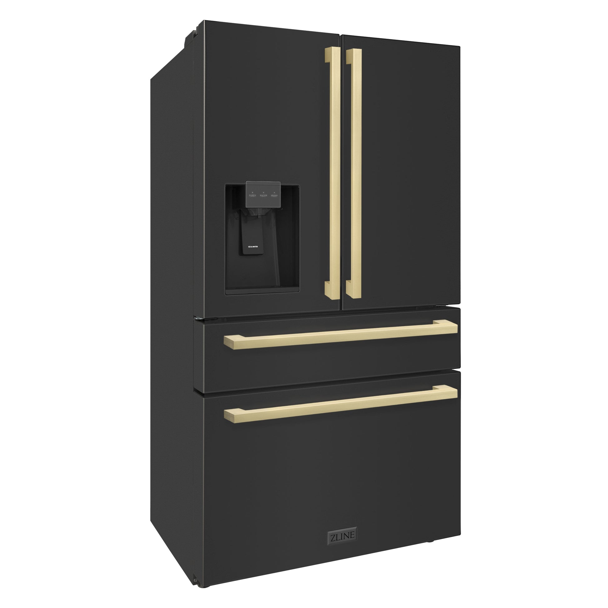 ZLINE 36" Autograph Edition 4-Door French Door Refrigerator with Water and Ice Dispenser - Black Stainless Steel with Champagne Bronze Square Handles