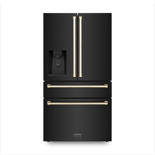 ZLINE 36" Autograph Edition Freestanding French Door Refrigerator - Water and Ice Dispenser in Fingerprint Resistant Black Stainless Steel with Accents