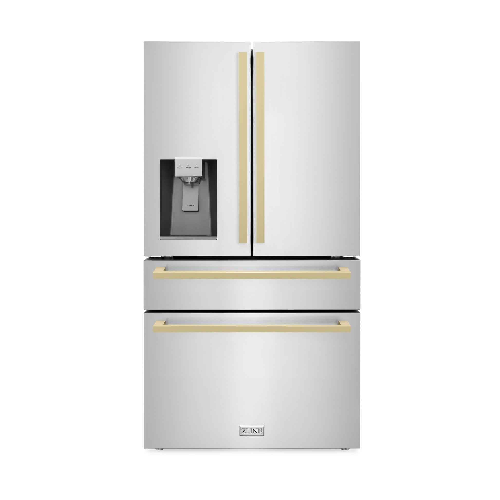 ZLINE 36" Autograph Edition 4-Door French Door Refrigerator with Water and Ice Dispenser - Stainless Steel with Champagne Bronze Square Handles