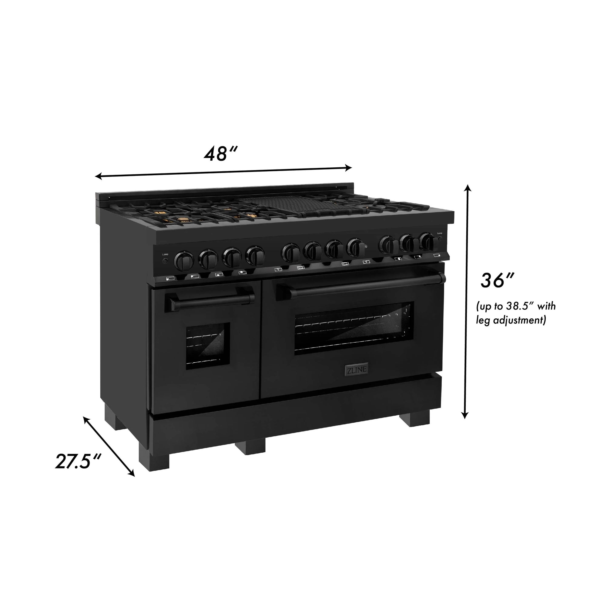 ZLINE 48" Dual Fuel Range - Black Stainless Steel with Brass Burners, Gas Stove, and Electric Oven