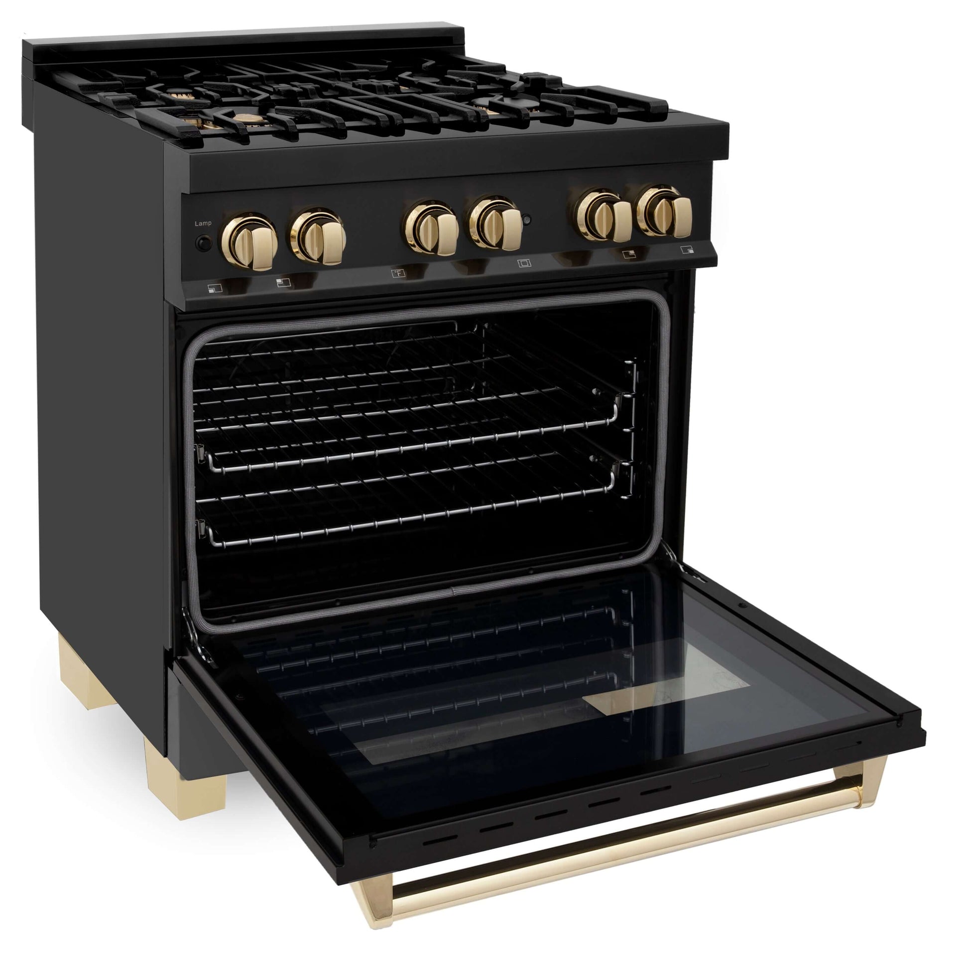 ZLINE 3-Appliance 30" Autograph Edition Kitchen Package with Black Stainless Steel Dual Fuel Range, Range Hood, and Dishwasher with Polished Gold Accents