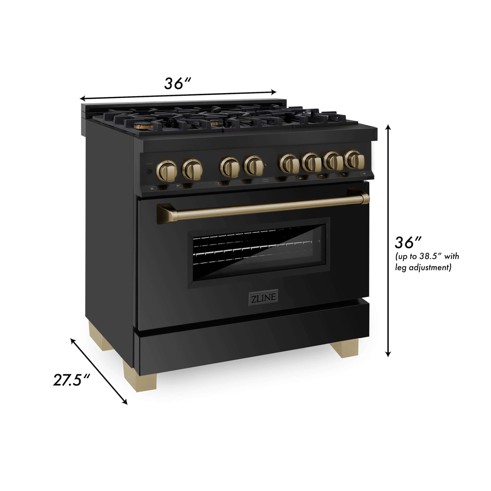 ZLINE 3-Appliance 36" Autograph Edition Kitchen Package with Black Stainless Steel Dual Fuel Range, Range Hood, and Dishwasher with Champagne Bronze Accents