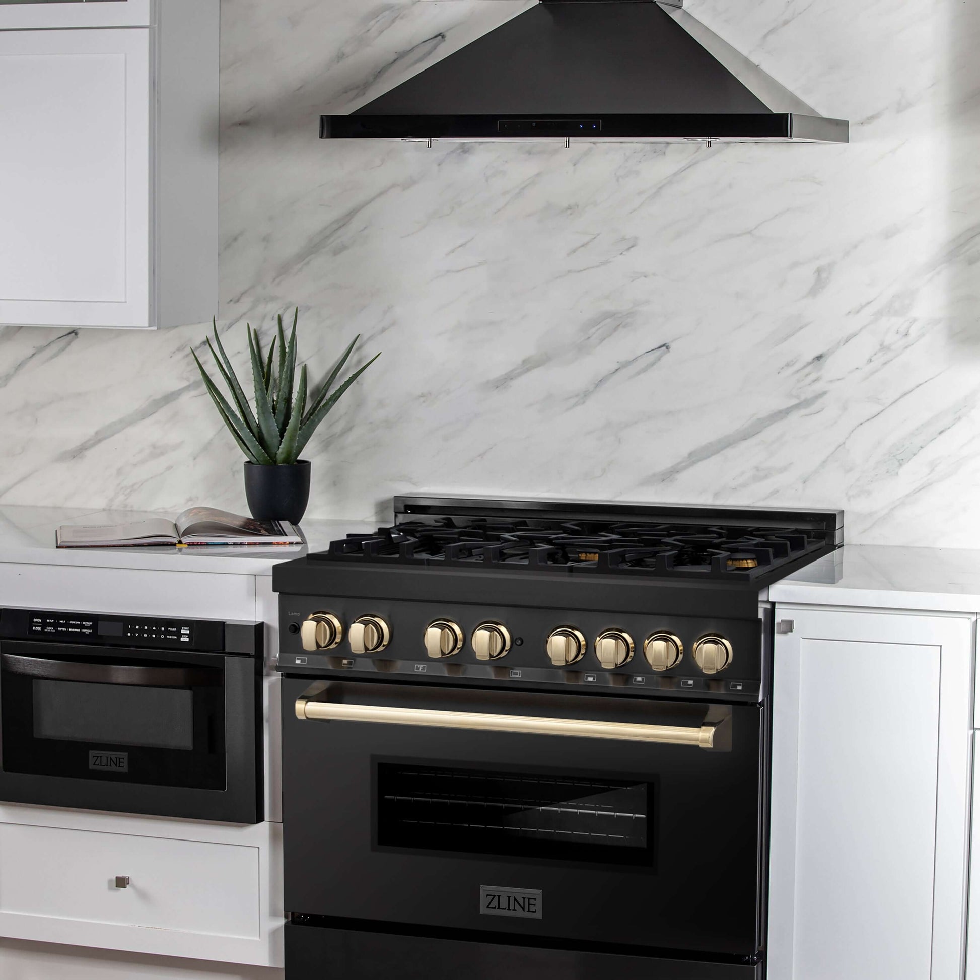 ZLINE Autograph Edition 36" Dual Fuel Range with Gas Stove and Electric Oven - Black Stainless Steel with Accents