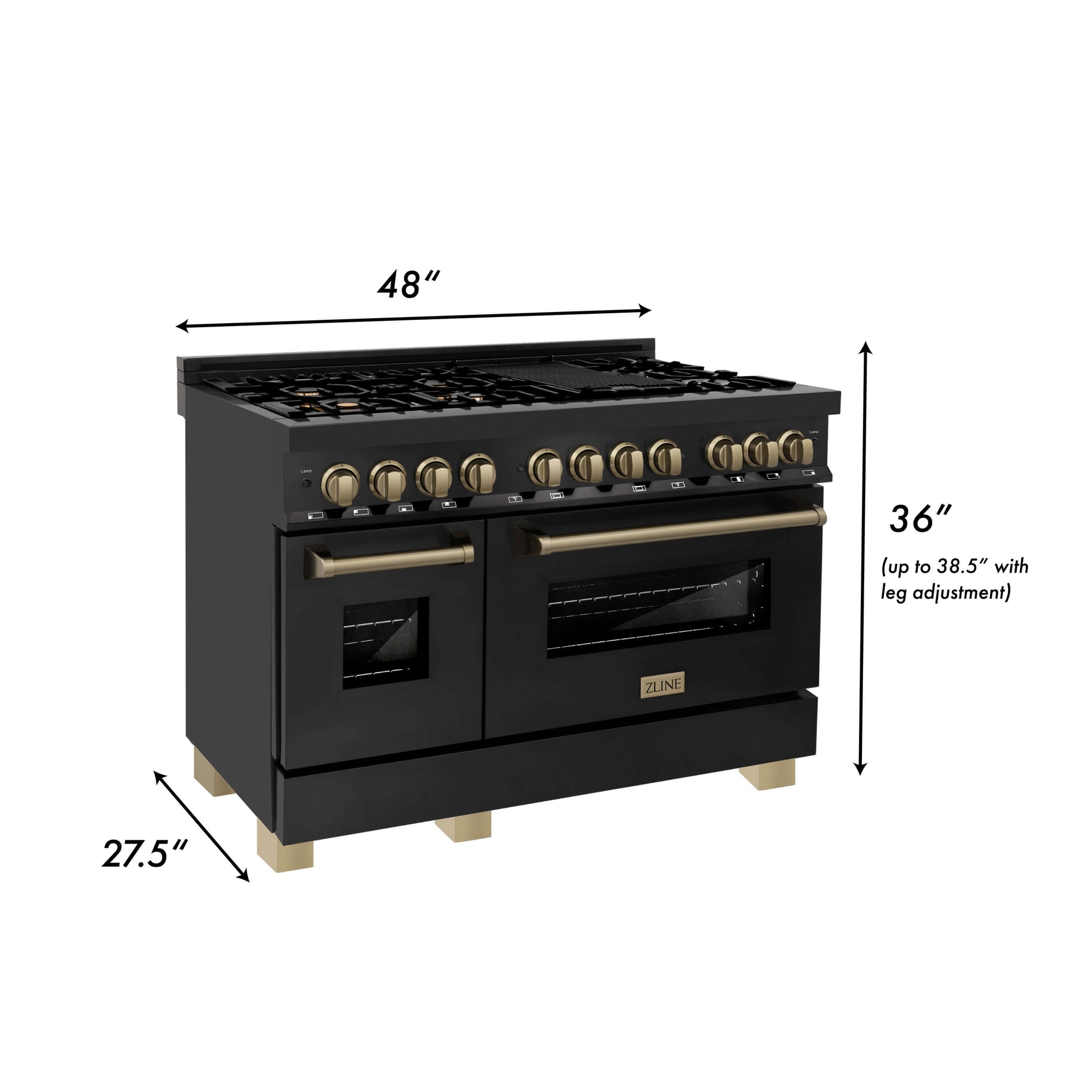 ZLINE 3-Appliance 48" Autograph Edition Kitchen Package with Black Stainless Steel Dual Fuel Range, Range Hood, and Dishwasher with Champagne Bronze Accents