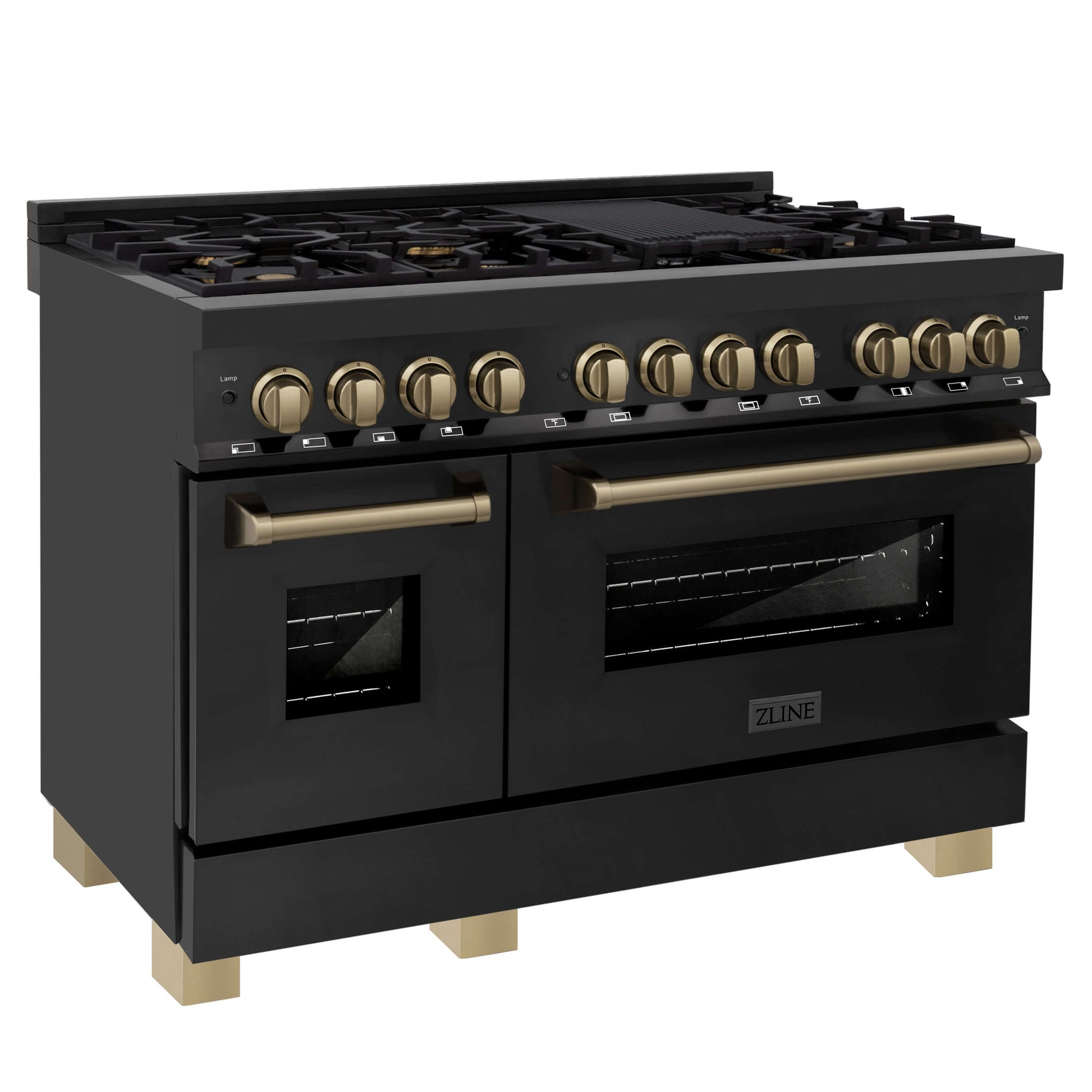 ZLINE 2-Appliance 48" Autograph Edition Kitchen Package with Black Stainless Steel Dual Fuel Range and Range Hood with Champagne Bronze Accents