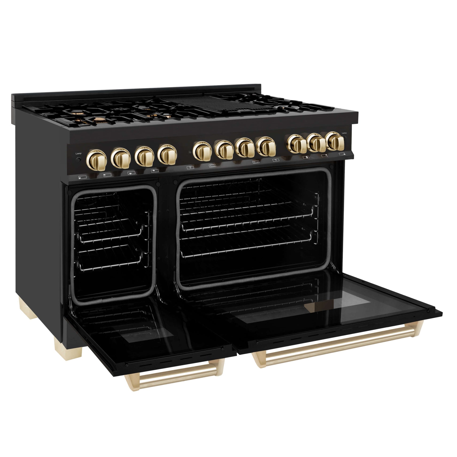ZLINE 2-Appliance 48" Autograph Edition Kitchen Package with Black Stainless Steel Dual Fuel Range and Range Hood with Polished Gold Accents