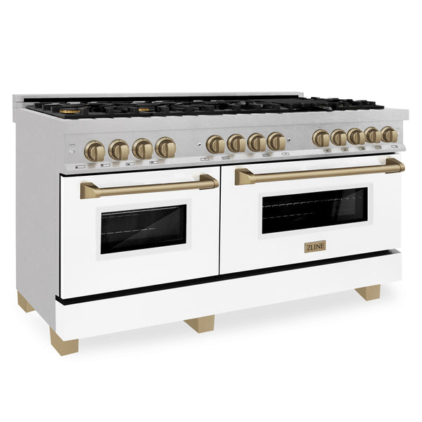 ZLINE Autograph Edition 60" Dual Fuel Range with Gas Stove and Electric Oven - DuraSnow Stainless Steel with Matte White Shell and Accents