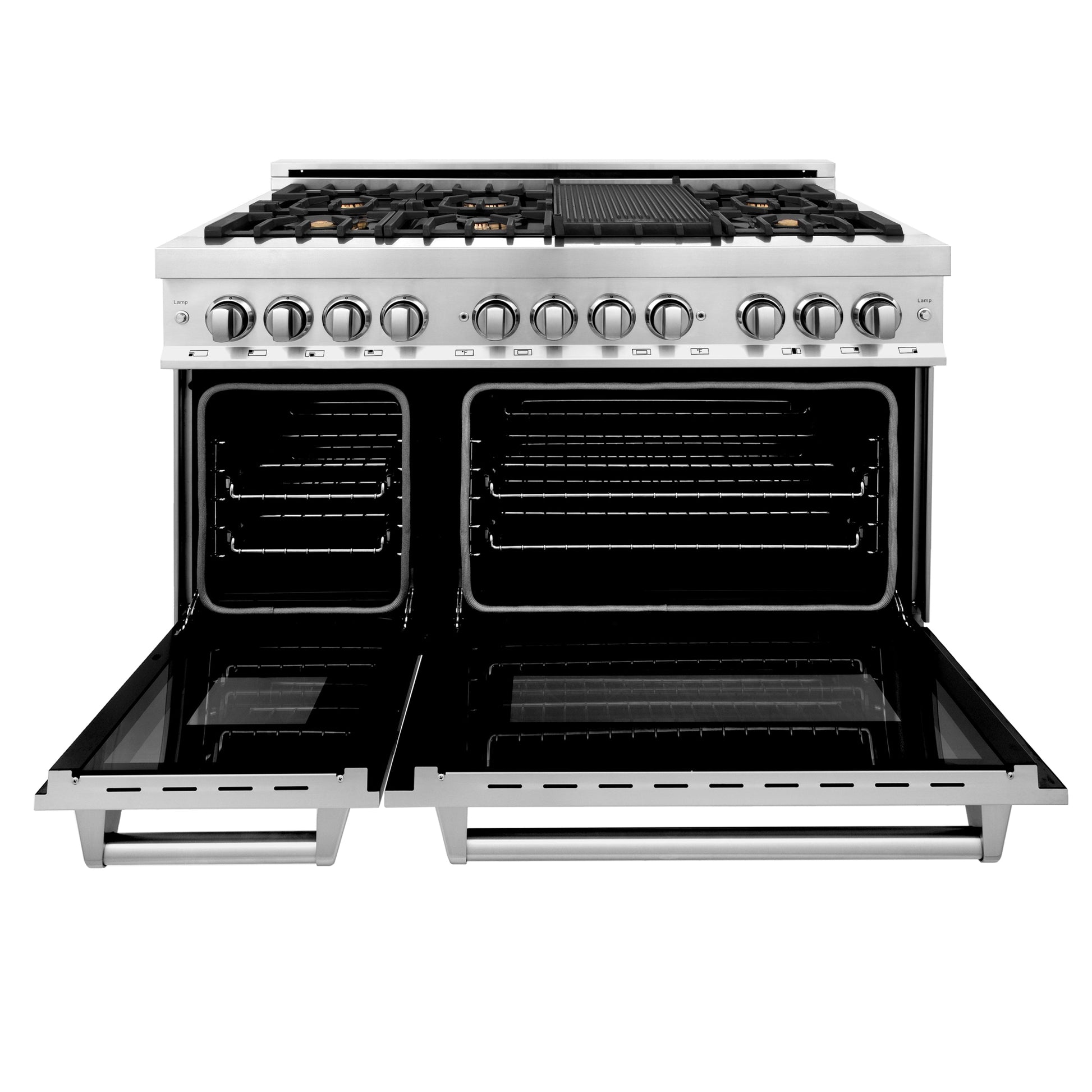 ZLINE 48" Dual Fuel Range with Electric Oven and Gas Cooktop with Griddle - Stainless Steel with Brass Burners
