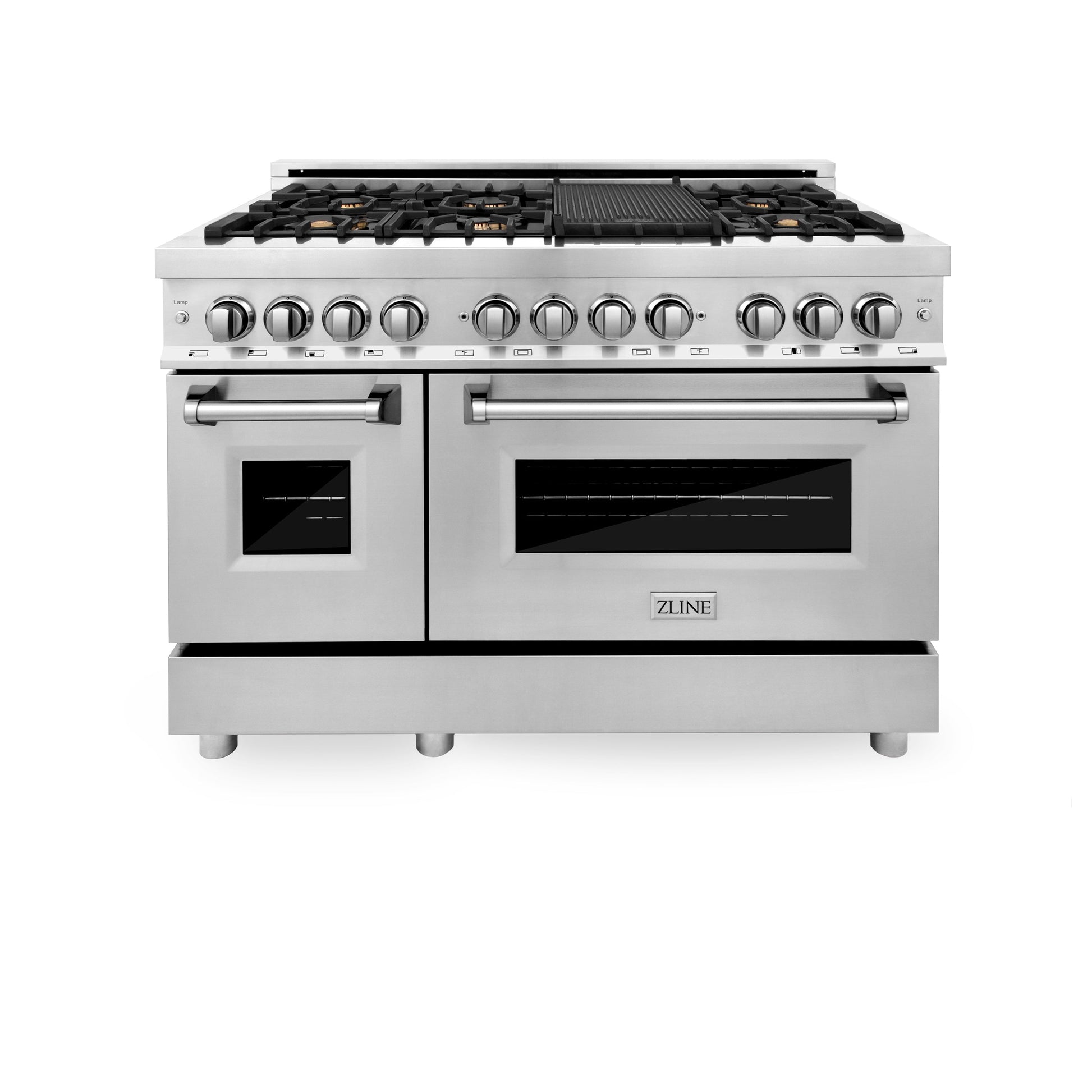 ZLINE 48" Dual Fuel Range with Electric Oven and Gas Cooktop with Griddle - Stainless Steel with Brass Burners