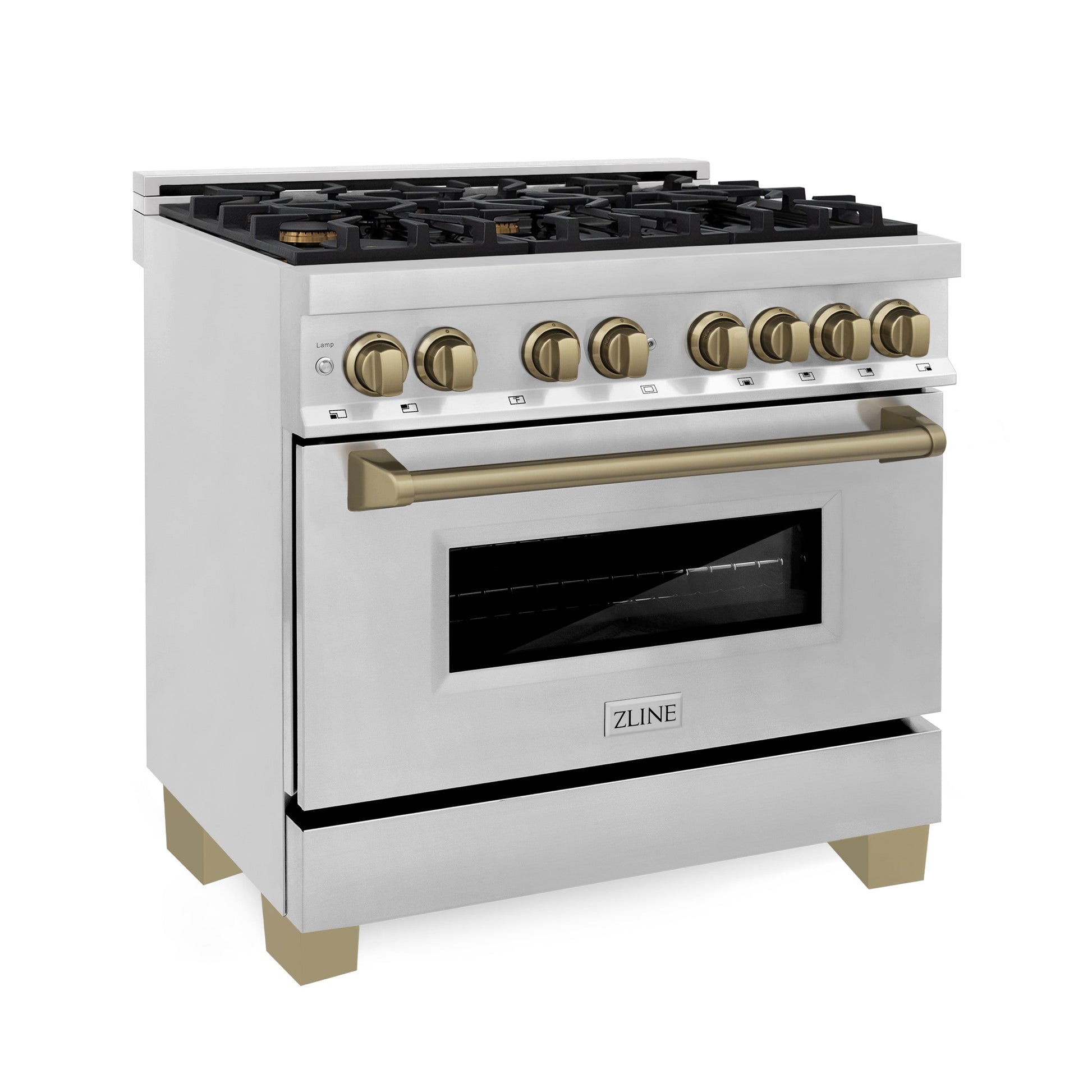 ZLINE 3-Appliance 36" Autograph Edition Kitchen Package with Stainless Steel Dual Fuel Range, Range Hood, and Dishwasher with Champagne Bronze Accents