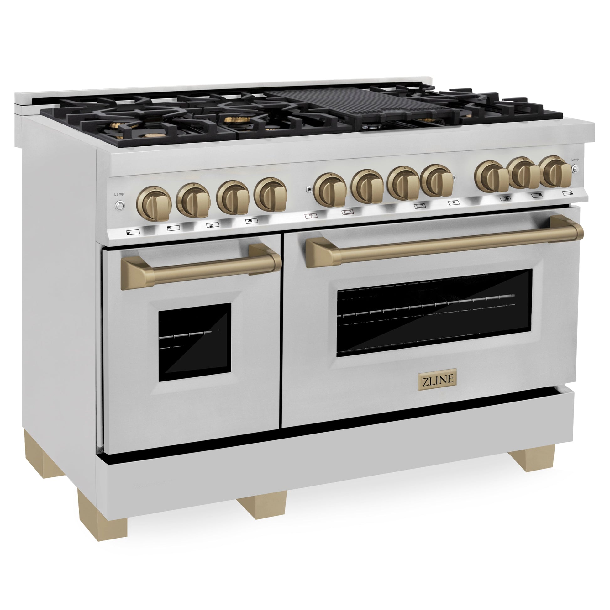 ZLINE 4-Appliance 48" Autograph Edition Kitchen Package with Stainless Steel Dual Fuel Range, Range Hood, Dishwasher, and Refrigeration Including External Water Dispenser with Champagne Bronze Accents