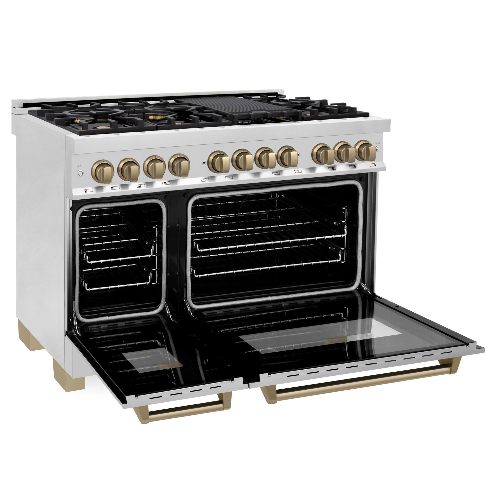 ZLINE 3-Appliance 48" Autograph Edition Kitchen Package with Stainless Steel Dual Fuel Range, Range Hood, and Dishwasher with Champagne Bronze Accents