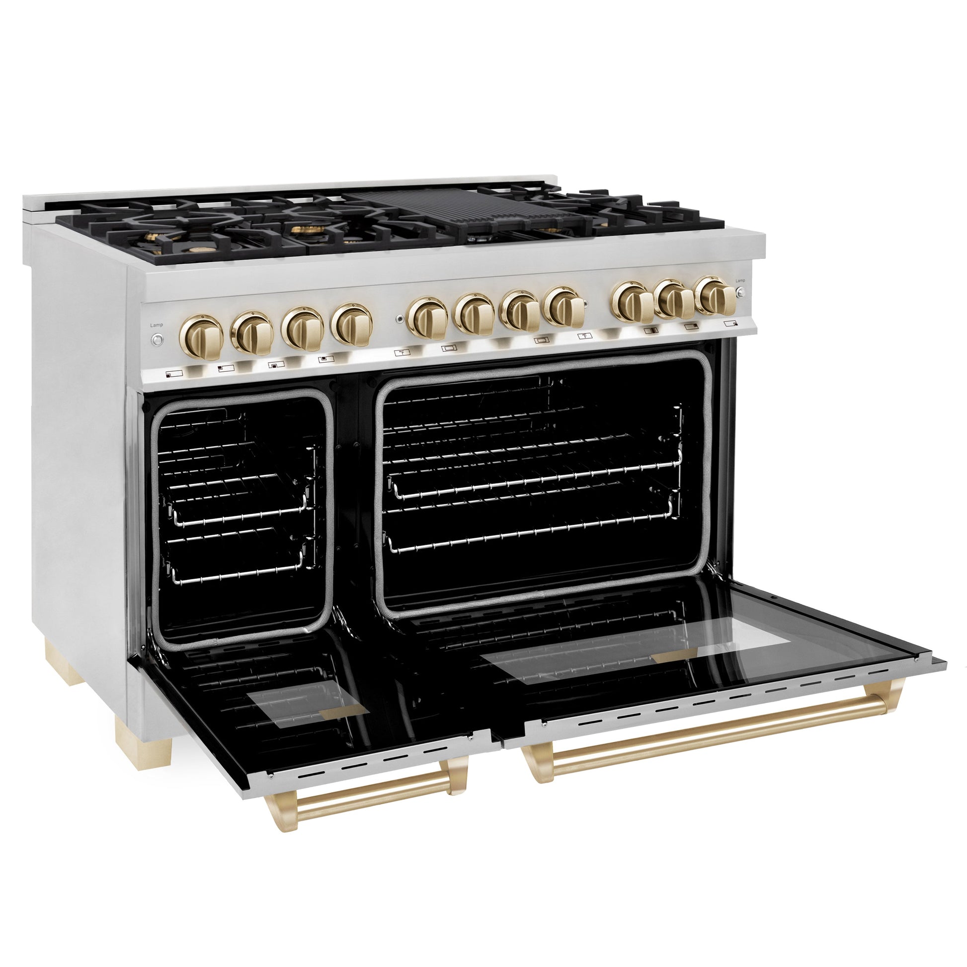ZLINE 48" Autograph Edition 4 Appliance Package with Stainless Steel Dual Fuel Range, Range Hood, Dishwasher, and Refrigeration - Polished Gold Accents