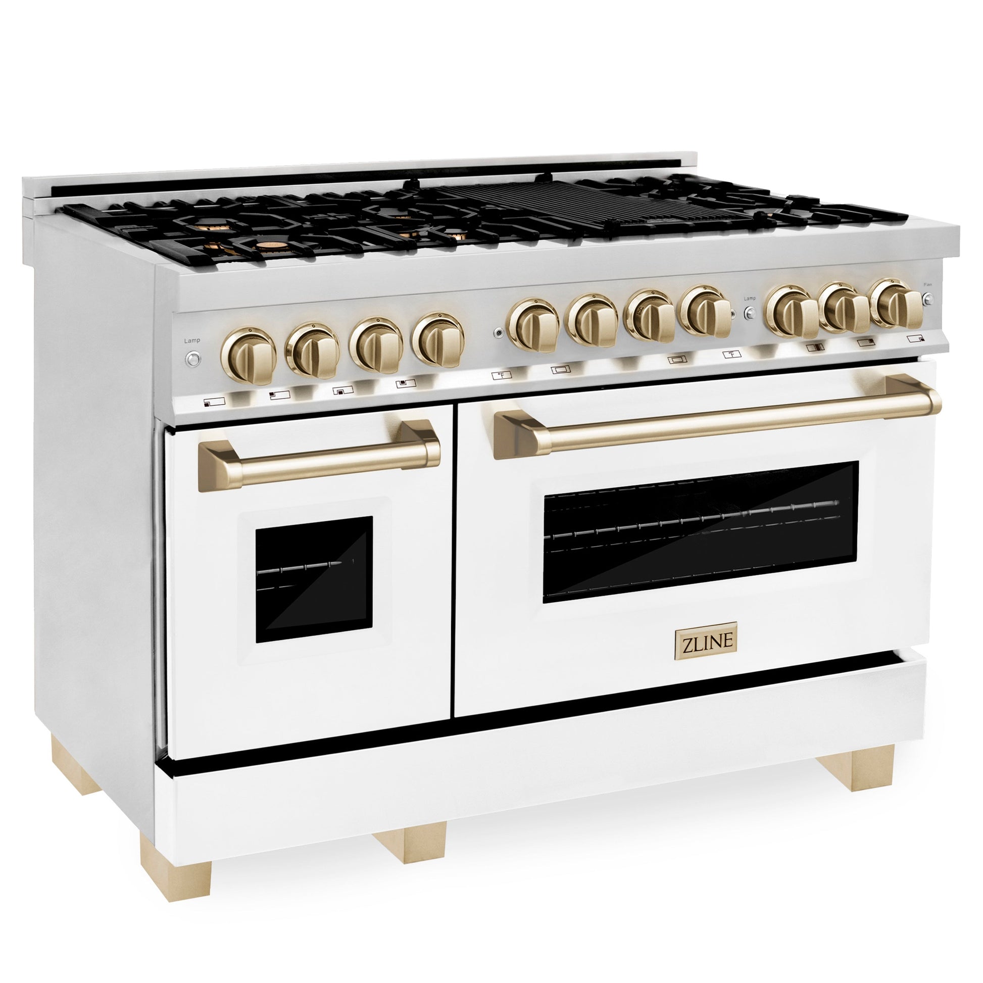 ZLINE 2-Appliance 48" Autograph Edition Kitchen Package with Stainless Steel Dual Fuel Range with Matte White Door and Range Hood with Polished Gold Accents