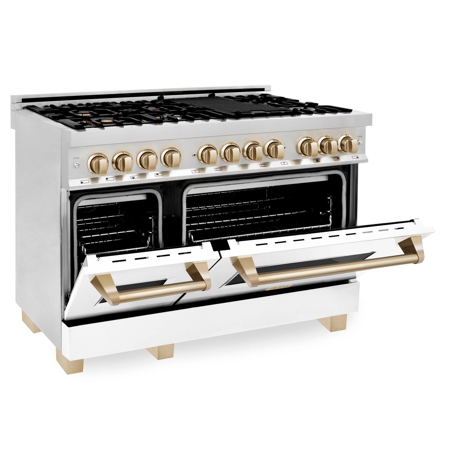 ZLINE 2-Appliance 48" Autograph Edition Kitchen Package with Stainless Steel Dual Fuel Range with Matte White Door and Range Hood with Polished Gold Accents