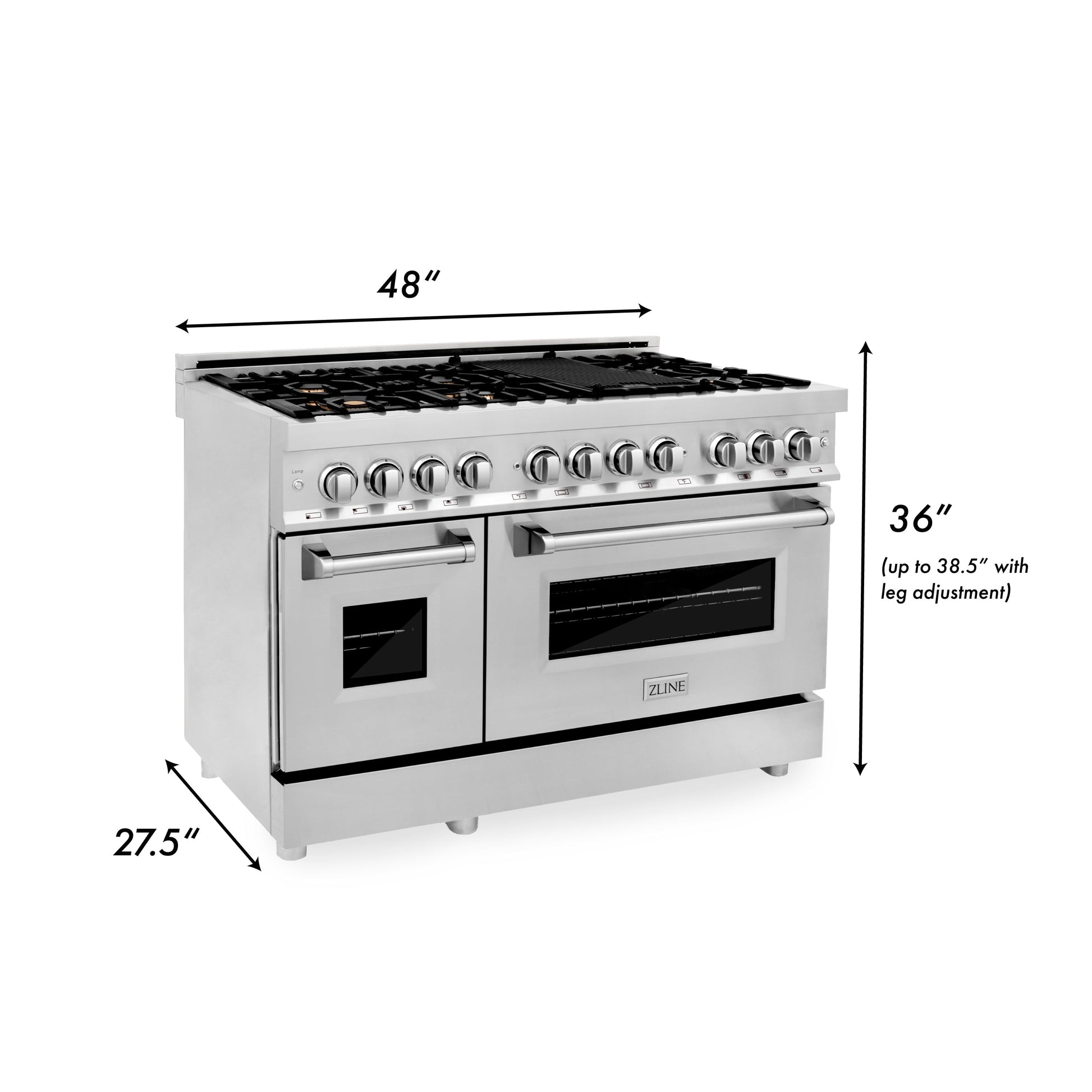 ZLINE 48" Dual Fuel Range with Electric Oven and Gas Cooktop with Griddle - Stainless Steel with Brass Burners